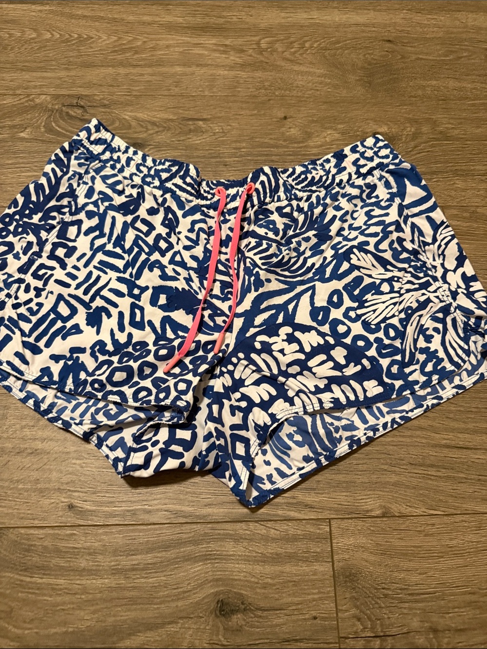 Lilly Pulitzer Blue & White Printed Athletic Shorts with Pink Drawstring
